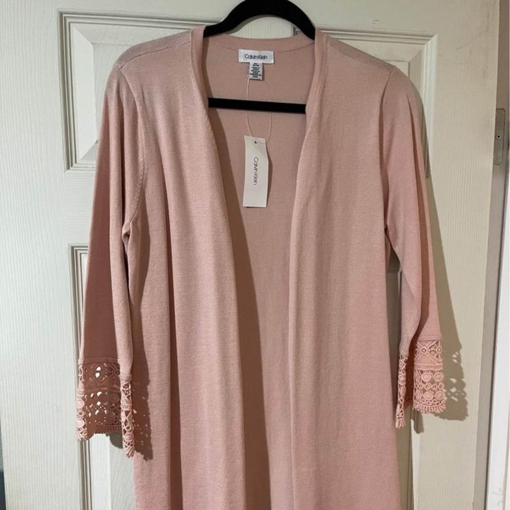 Calvin Klein Woman’s Blush Pale Pink Cardigan Shrug 3/4 Lace Sleeve Cuff